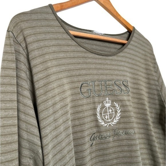 GUESS Jeans Womens Striped Long Sleeve Top Green Embroidered Logo Crew Neck - Picture 5 of 16